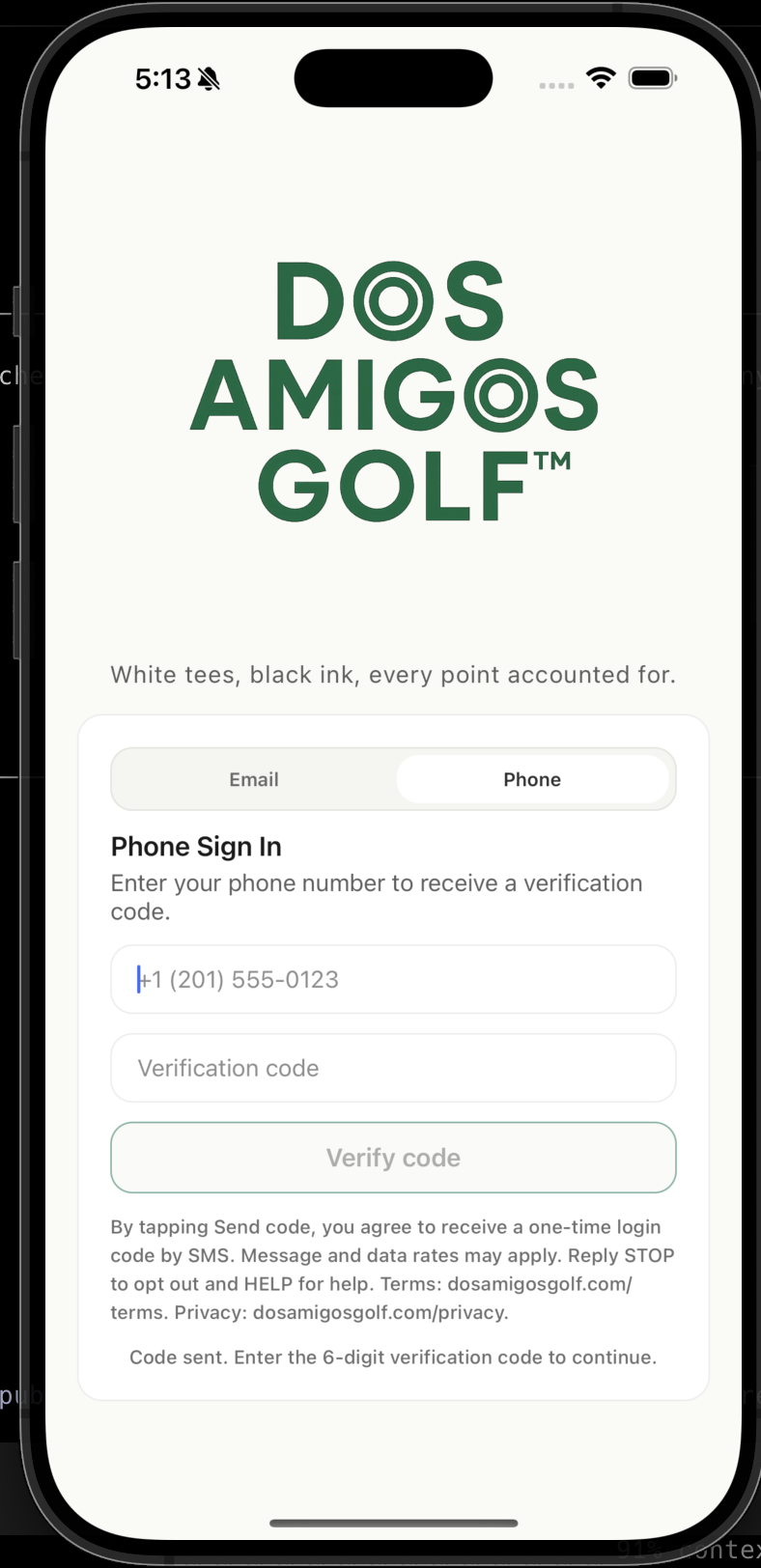 Dos Amigos Golf phone sign-in screen
